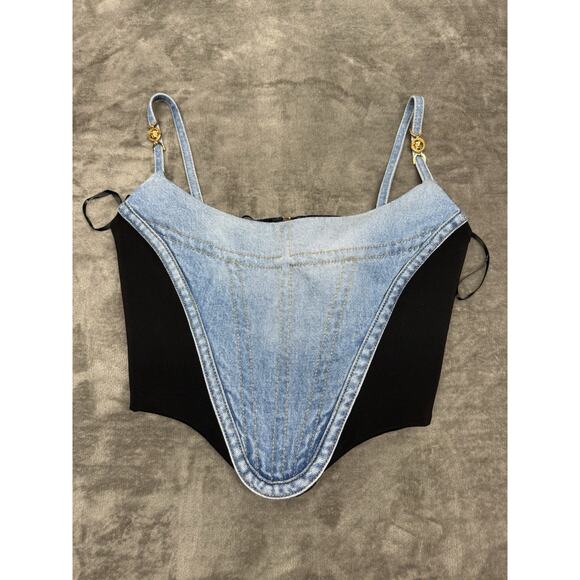Versace Cropped Denim Jersey Bustier Top Blue Black IT 40 US 4 NWT $1275 - Picture 4 of 16